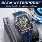 MEGIR 2245 men's skeleton automatic watch water-resistance graphic, blue tonneau case with rose-gold bezel and blue strap