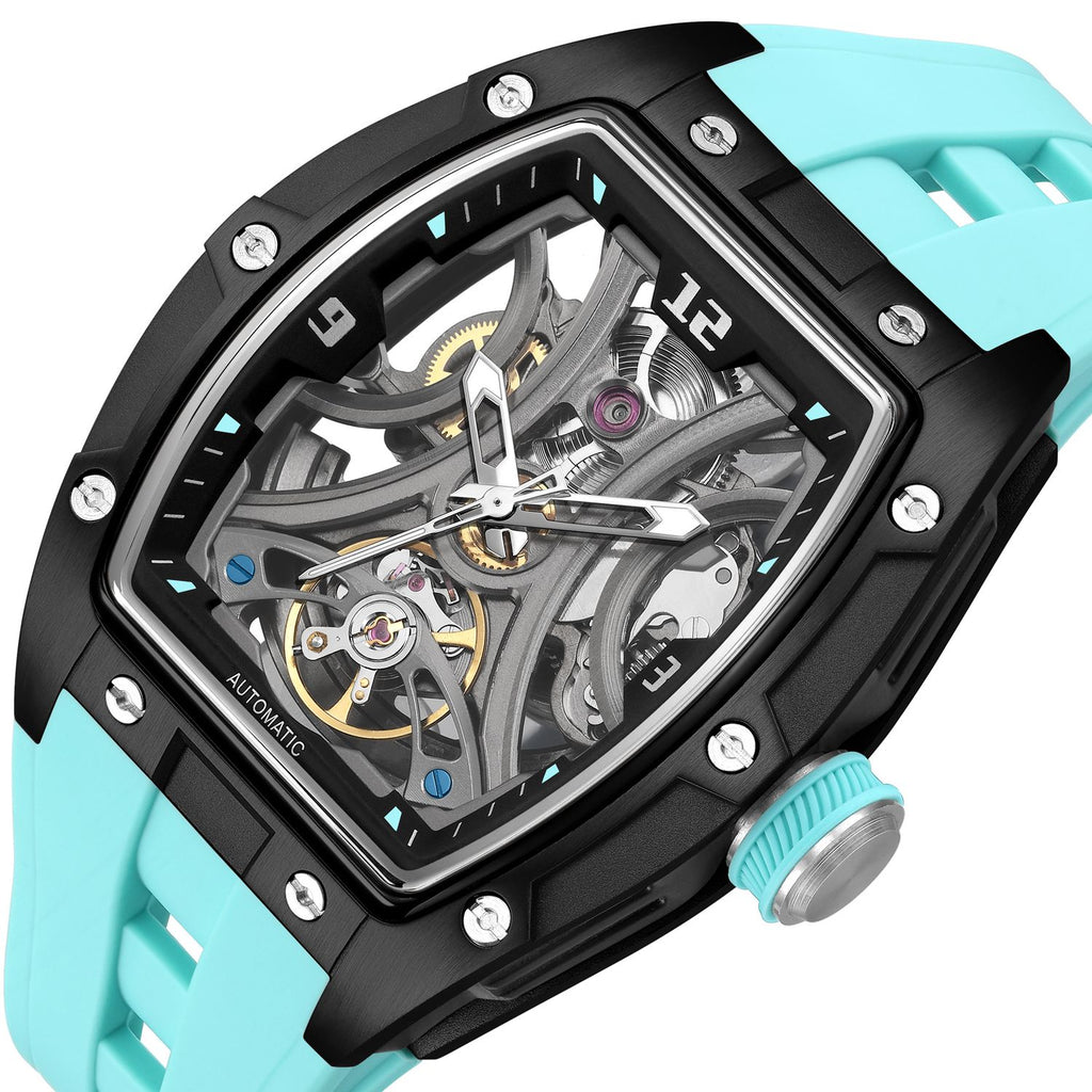 MEGIR 2245 men's skeleton automatic watch, black tonneau case with open dial and light blue silicone strap, angled view