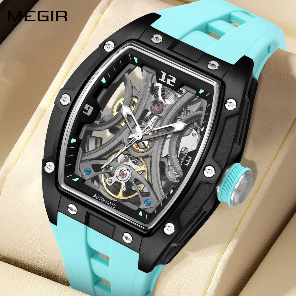 MEGIR 2245 men's skeleton automatic watch, black tonneau case with open dial and light blue silicone strap, front view