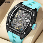 MEGIR 2245 men's skeleton automatic watch, black tonneau case with open dial and light blue silicone strap, front view