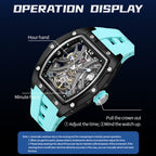 MEGIR 2245 men's skeleton automatic watch operation graphic showing the hour and minute hands and crown adjustment