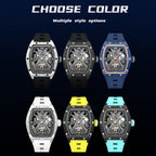 MEGIR 2245 men's skeleton automatic watch color options showing silver, black, blue, white, yellow and light blue straps