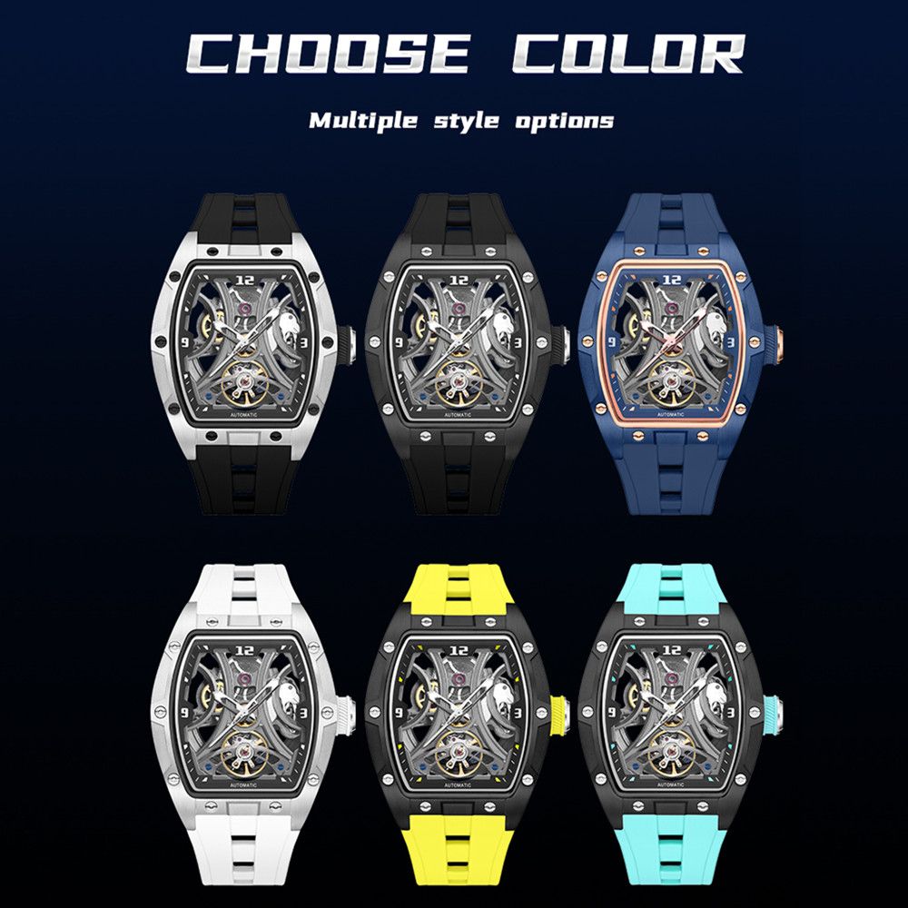 MEGIR 2245 men's skeleton automatic watch color options showing silver, black, blue, white, yellow and light blue straps