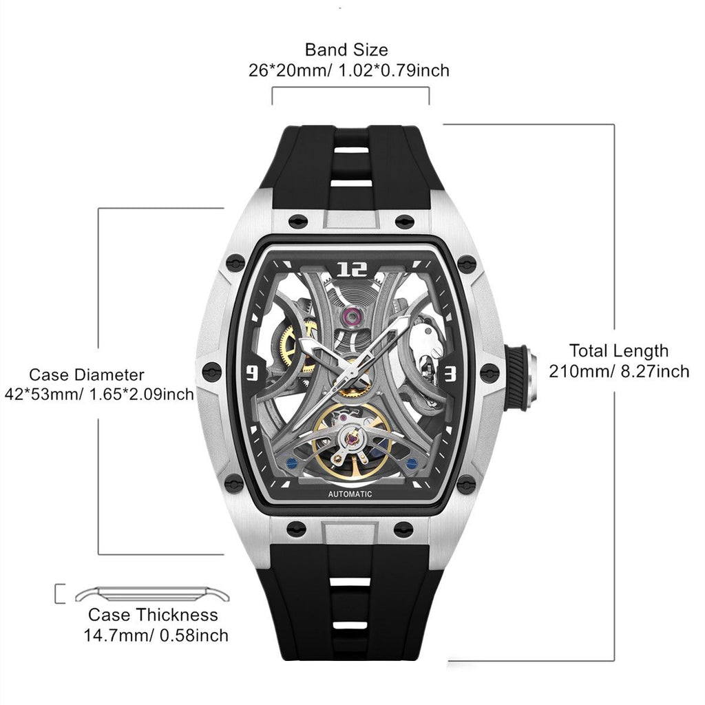 MEGIR 2245 men's skeleton automatic watch parameters graphic with case diameter, thickness and band dimensions