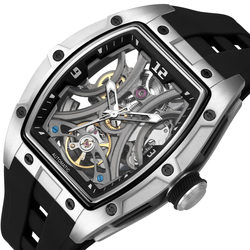 MEGIR 2245 men's skeleton automatic watch, silver tonneau case with open dial and black silicone strap, studio view