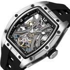 MEGIR 2245 men's skeleton automatic watch, silver tonneau case with open dial and black silicone strap, studio view