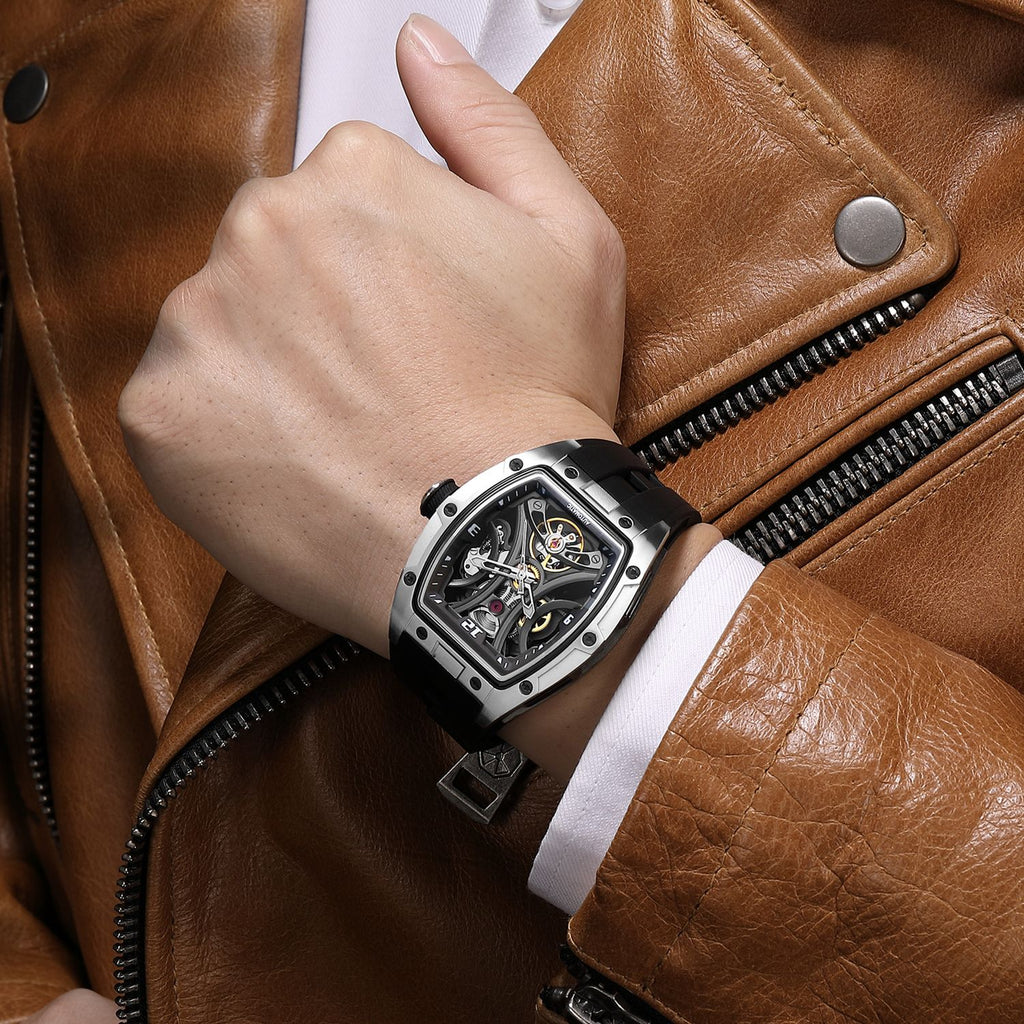 MEGIR 2245 men's skeleton automatic watch on the wrist, silver tonneau case with open dial and black strap