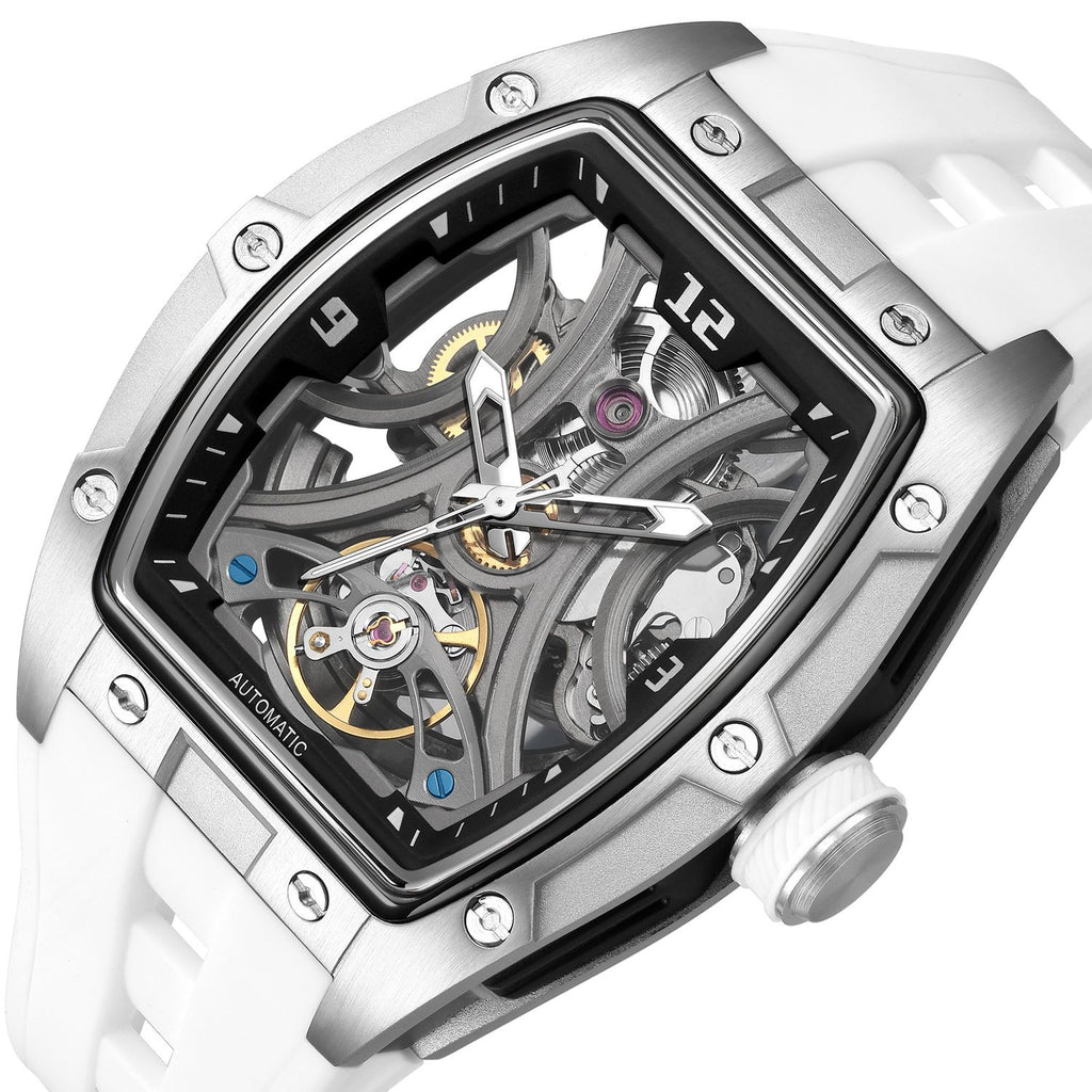 MEGIR 2245 men's skeleton automatic watch, silver tonneau case with open dial and white silicone strap, studio view