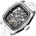 MEGIR 2245 men's skeleton automatic watch, silver tonneau case with open dial and white silicone strap, studio view