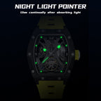 MEGIR 2245 men's skeleton automatic watch feature graphic showing luminous hands and markers glowing in the dark