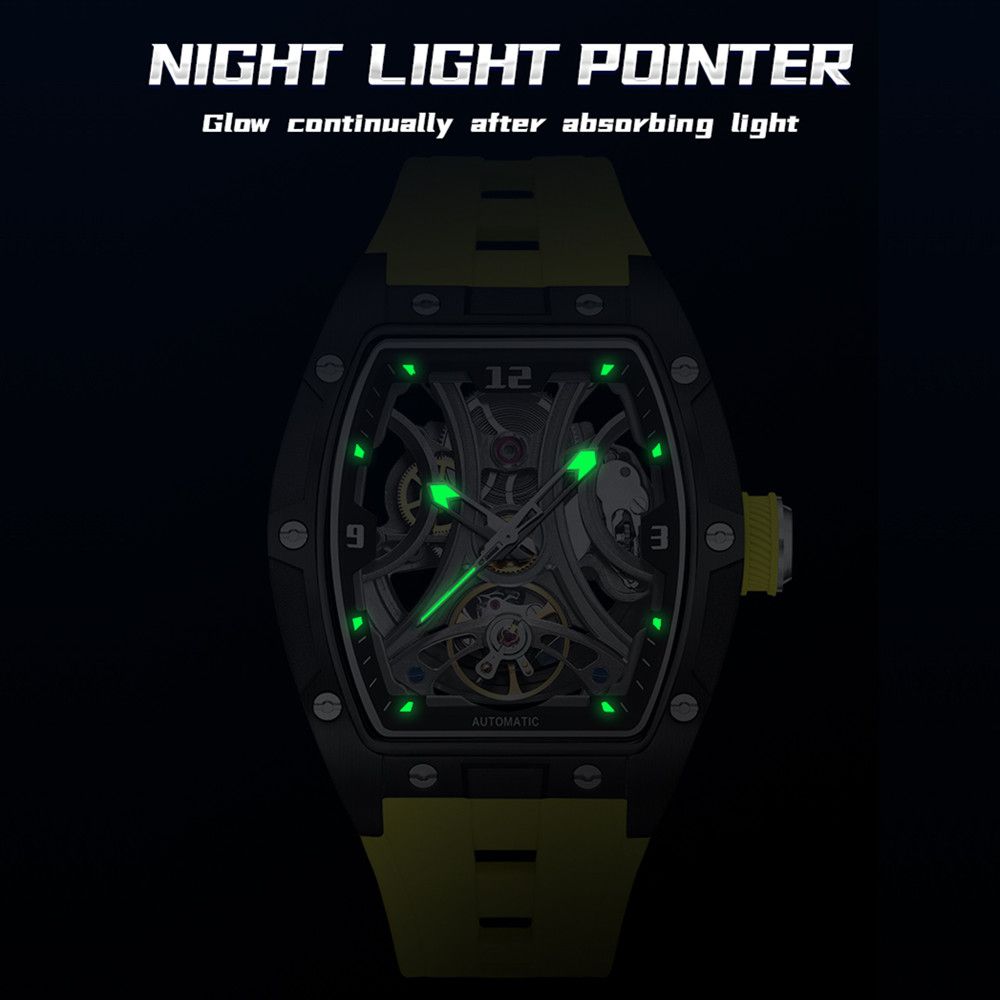MEGIR 2245 men's skeleton automatic watch feature graphic showing luminous hands and markers glowing in the dark