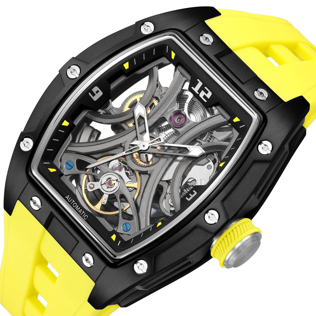 MEGIR 2245 men's skeleton automatic watch, black tonneau case with open dial and yellow silicone strap, studio view