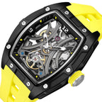 MEGIR 2245 men's skeleton automatic watch, black tonneau case with open dial and yellow silicone strap, studio view