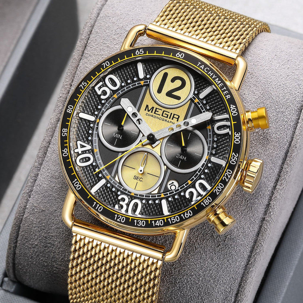 MEGIR 2249 men's chronograph watch, gold-tone case with black dial, tachymeter bezel and gold mesh bracelet, angled view