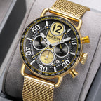 MEGIR 2249 men's chronograph watch, gold-tone case with black dial, tachymeter bezel and gold mesh bracelet, angled view