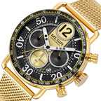 MEGIR 2249 men's chronograph watch close-up, gold-tone case with black dial, sub-dials and gold mesh bracelet