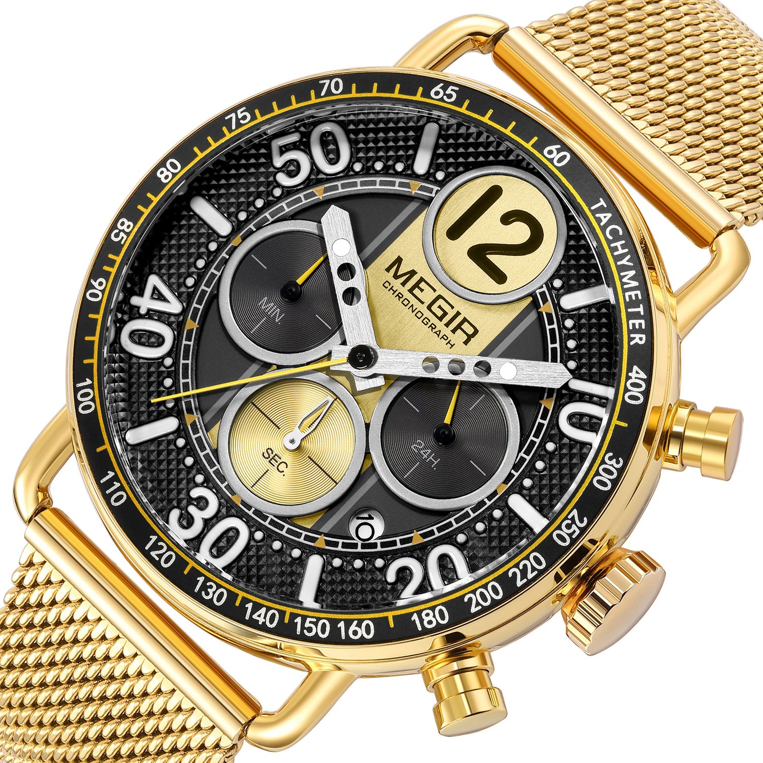 MEGIR 2249 men's chronograph watch close-up, gold-tone case with black dial, sub-dials and gold mesh bracelet