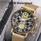 MEGIR 2249 men's chronograph watch water-resistance graphic, gold-tone case with black dial and gold mesh bracelet