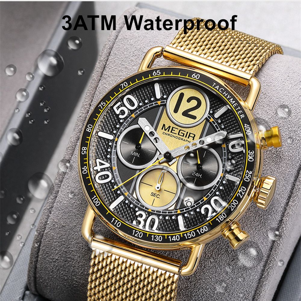 MEGIR 2249 men's chronograph watch water-resistance graphic, gold-tone case with black dial and gold mesh bracelet