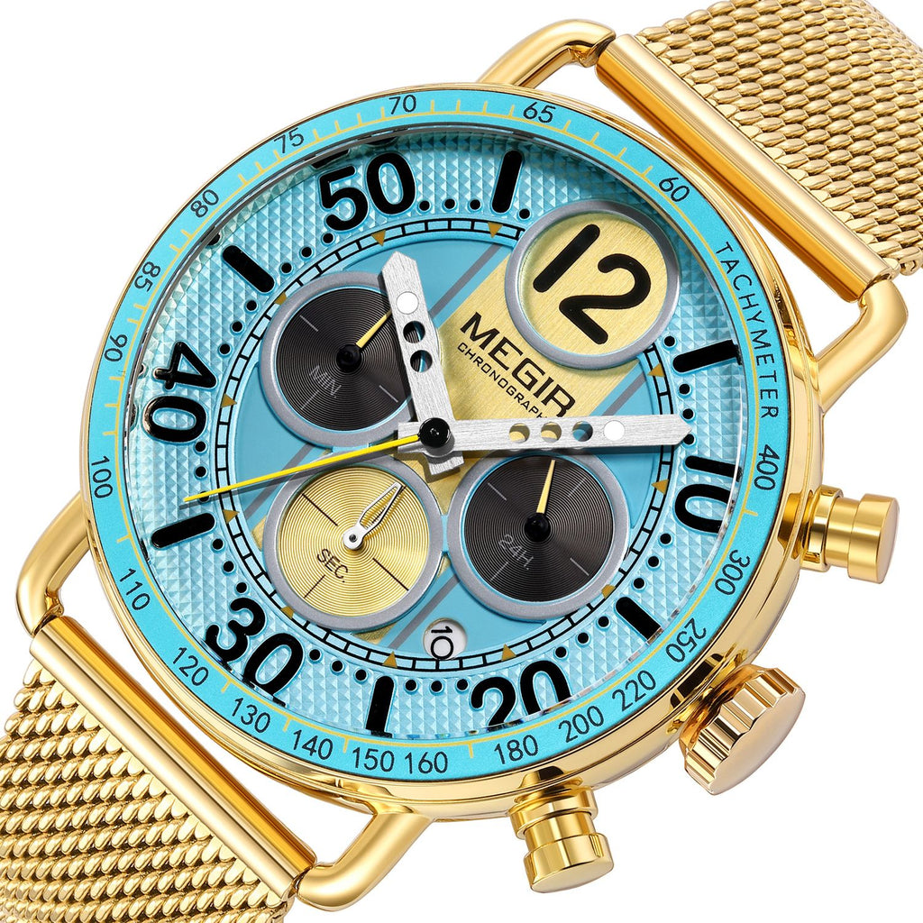 MEGIR 2249 men's chronograph watch close-up, gold-tone case with light blue dial, sub-dials and gold mesh bracelet