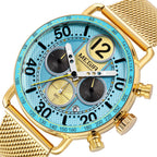 MEGIR 2249 men's chronograph watch close-up, gold-tone case with light blue dial, sub-dials and gold mesh bracelet