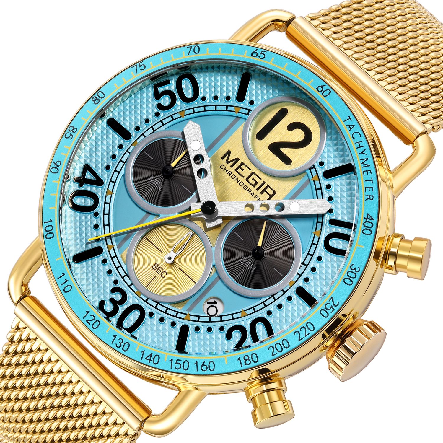 MEGIR 2249 men's chronograph watch close-up, gold-tone case with light blue dial, sub-dials and gold mesh bracelet