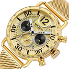 MEGIR 2249 men's chronograph watch close-up, gold-tone case with gold dial, sub-dials and gold mesh bracelet