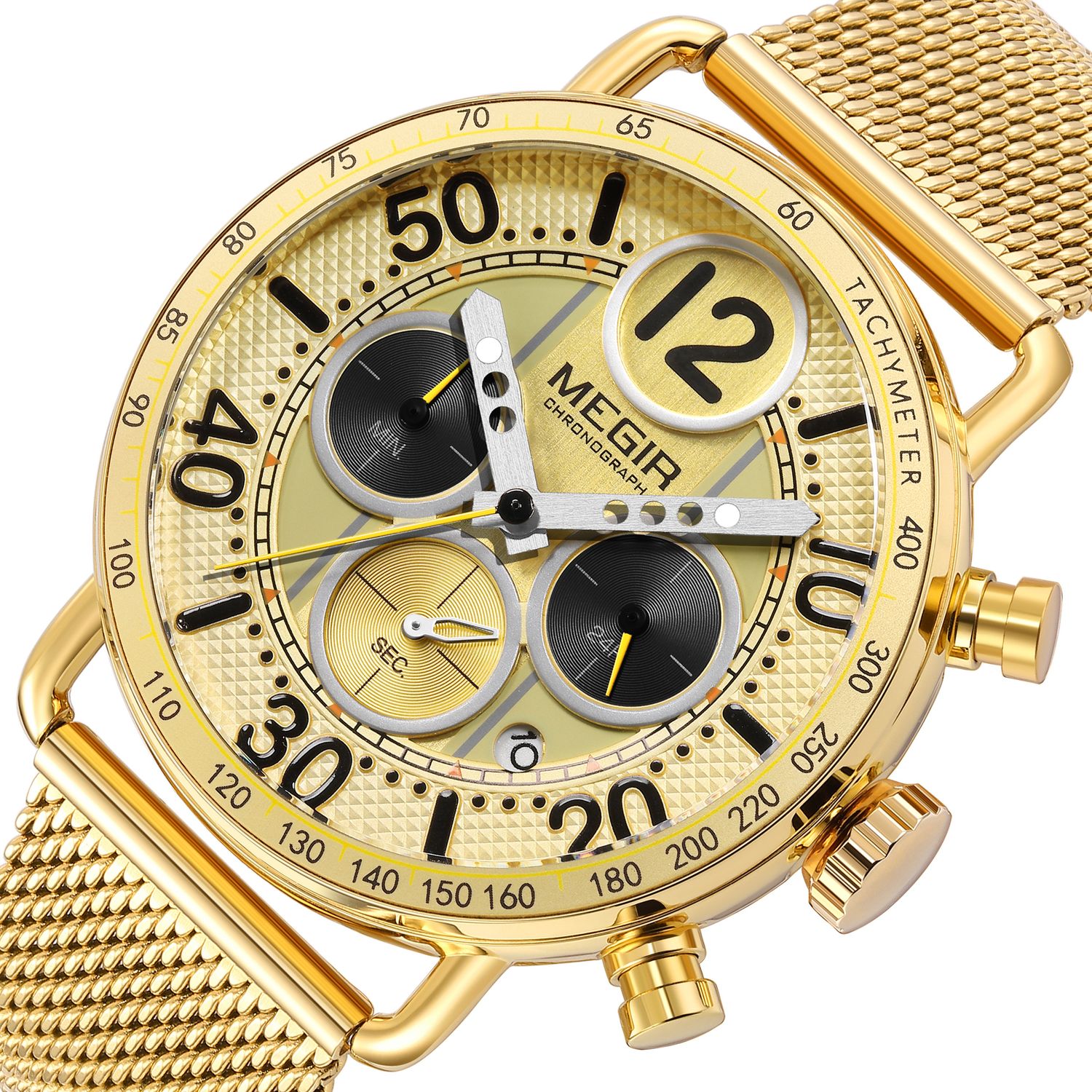 MEGIR 2249 men's chronograph watch close-up, gold-tone case with gold dial, sub-dials and gold mesh bracelet