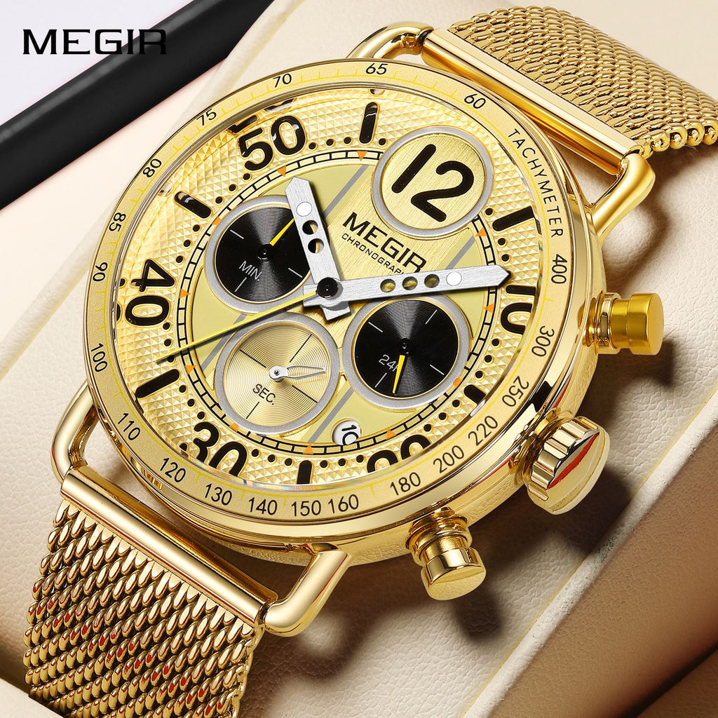 MEGIR 2249 men's chronograph watch, gold-tone case with gold dial, tachymeter bezel and gold mesh bracelet