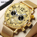MEGIR 2249 men's chronograph watch, gold-tone case with gold dial, tachymeter bezel and gold mesh bracelet