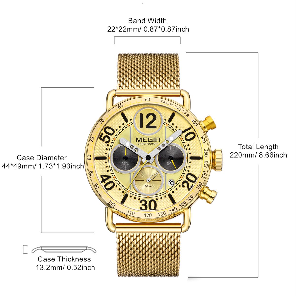 MEGIR 2249 men's chronograph watch parameters graphic with case diameter, thickness and band dimensions