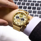MEGIR 2249 men's chronograph watch on the wrist, gold-tone case with gold dial and gold mesh bracelet