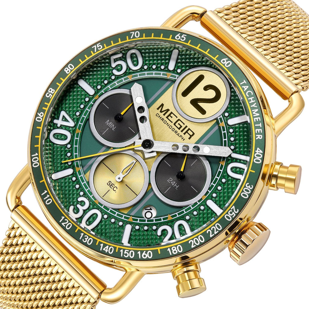 MEGIR 2249 men's chronograph watch close-up, gold-tone case with green dial, sub-dials and gold mesh bracelet