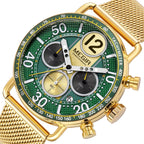 MEGIR 2249 men's chronograph watch close-up, gold-tone case with green dial, sub-dials and gold mesh bracelet