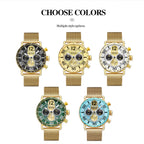 MEGIR 2249 men's chronograph watch color options showing black, gold, white, green and blue dials on gold mesh