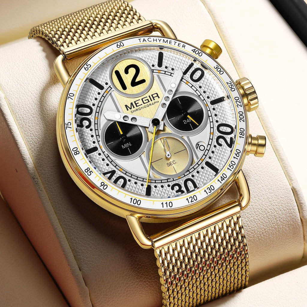 MEGIR 2249 men's chronograph watch, gold-tone case with white dial, tachymeter bezel and gold mesh bracelet, angled view