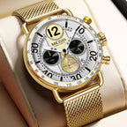MEGIR 2249 men's chronograph watch, gold-tone case with white dial, tachymeter bezel and gold mesh bracelet, angled view