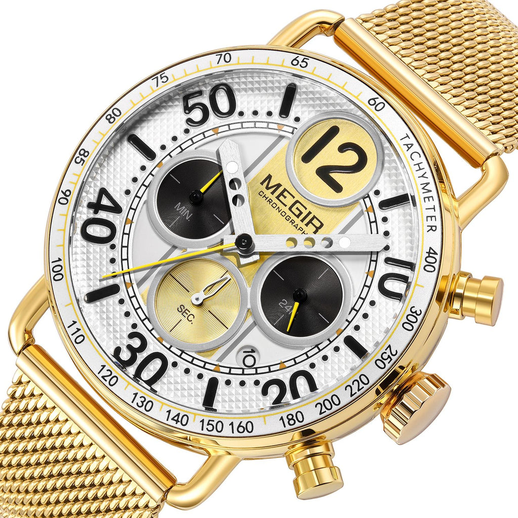 MEGIR 2249 men's chronograph watch close-up, gold-tone case with white dial, sub-dials and gold mesh bracelet