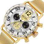 MEGIR 2249 men's chronograph watch close-up, gold-tone case with white dial, sub-dials and gold mesh bracelet