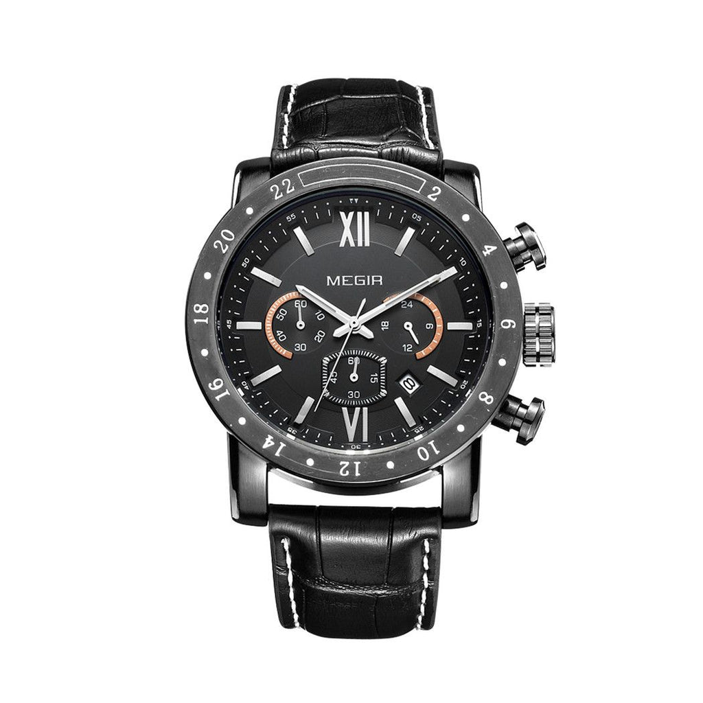 MEGIR 3008 men's chronograph watch, black case with black dial and black leather strap, studio front view