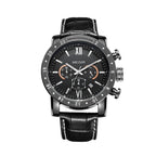 MEGIR 3008 men's chronograph watch, black case with black dial and black leather strap, studio front view