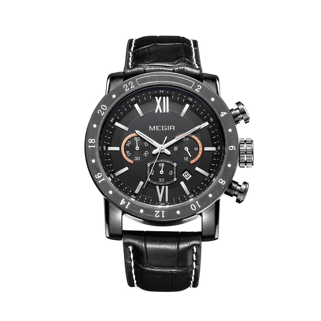 MEGIR 3008 men's chronograph watch, black case with black dial and black leather strap, studio front view