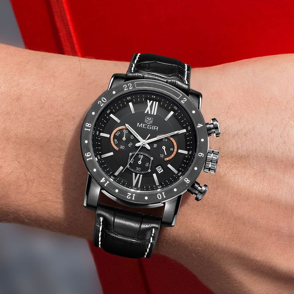 MEGIR 3008 men's chronograph watch on the wrist, black case with black dial and black leather strap