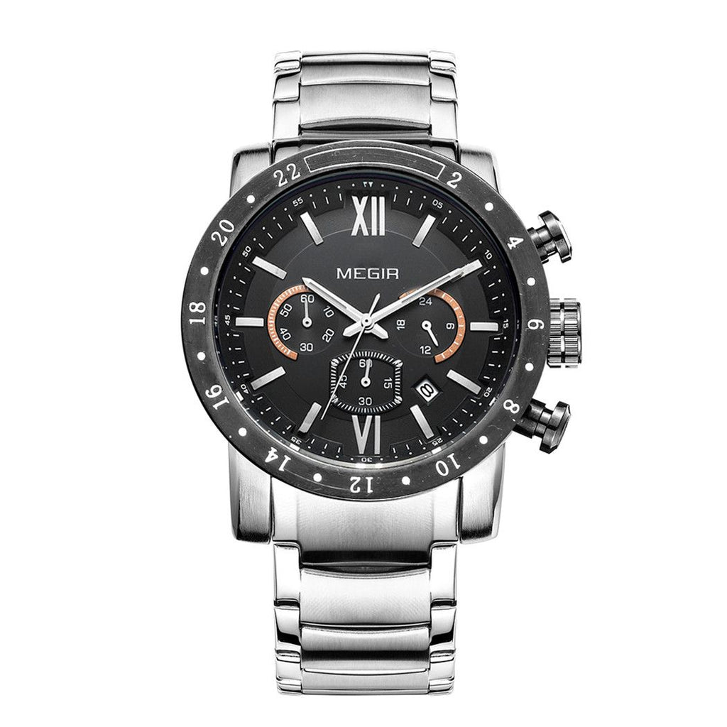 MEGIR 3008 men's chronograph watch, silver case with black dial and steel bracelet, studio front view