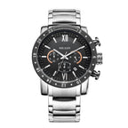 MEGIR 3008 men's chronograph watch, silver case with black dial and steel bracelet, studio front view