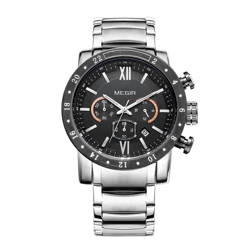MEGIR 3008 men's chronograph watch, silver case with black dial and steel bracelet, studio front view