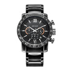 MEGIR 3008 men's chronograph watch, black case with black dial and black steel bracelet, studio front view