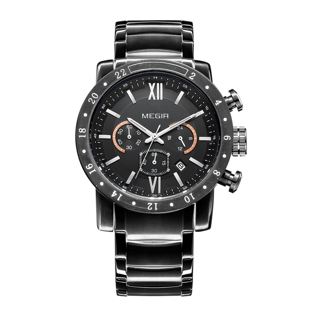 MEGIR 3008 men's chronograph watch, black case with black dial and black steel bracelet, studio front view