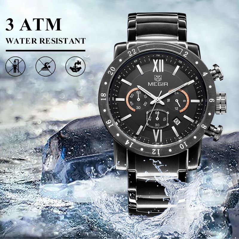 MEGIR 3008 men's chronograph watch water-resistance graphic, black case with black dial and steel bracelet