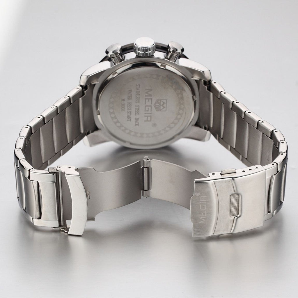 MEGIR 3008 men's chronograph watch caseback with engravings, steel bracelet and folding clasp